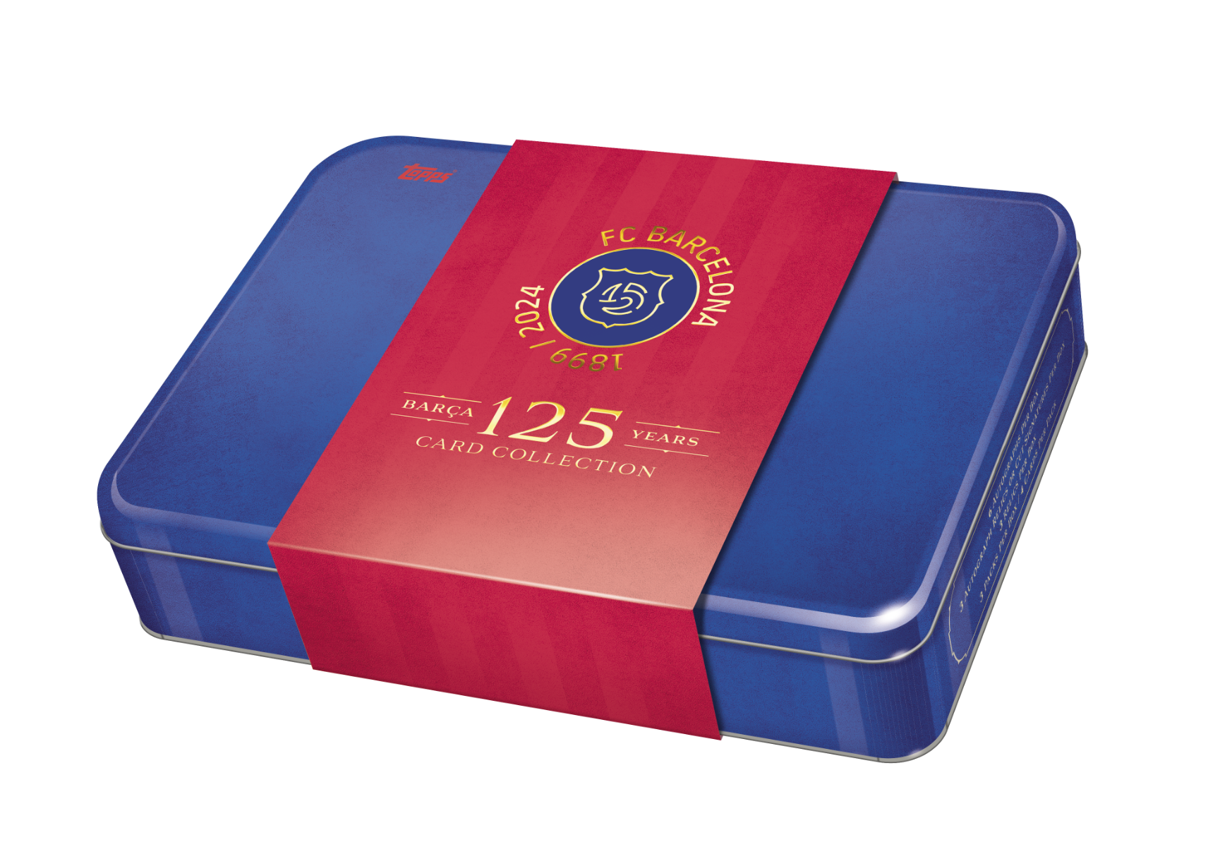A special collector's edition packaging for Topps 125 Years Anniversary FC Barcelona Deluxe Hobby Box featuring a blue and red design with the FC Barcelona crest and anniversary logo.