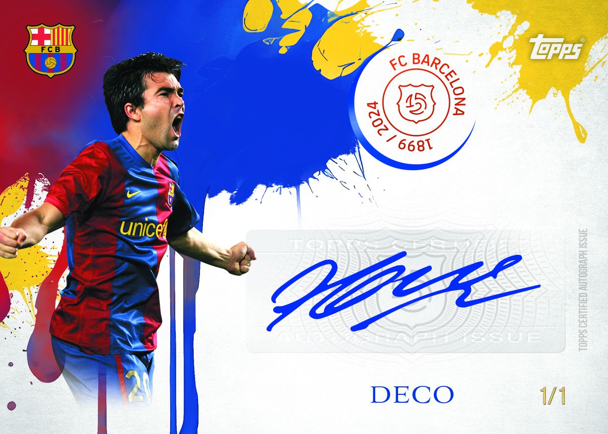 Soccer player card with FC Barcelona logo and 'Deco' signature on a colorful background